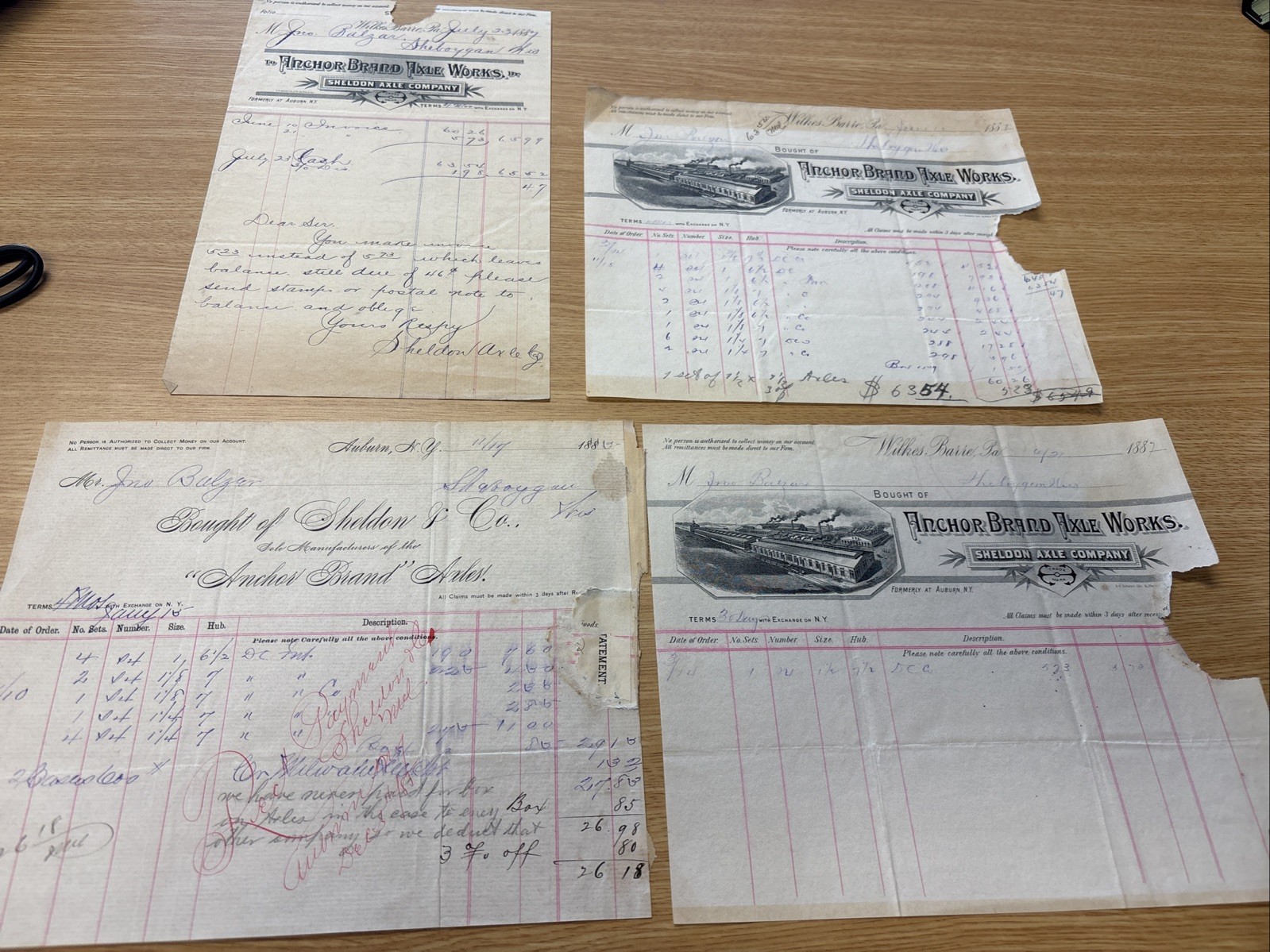 Vintage Paper Billhead Lot Sheldon Axle Wilkes-Barre Pennsylvania 1887 Ephemera
