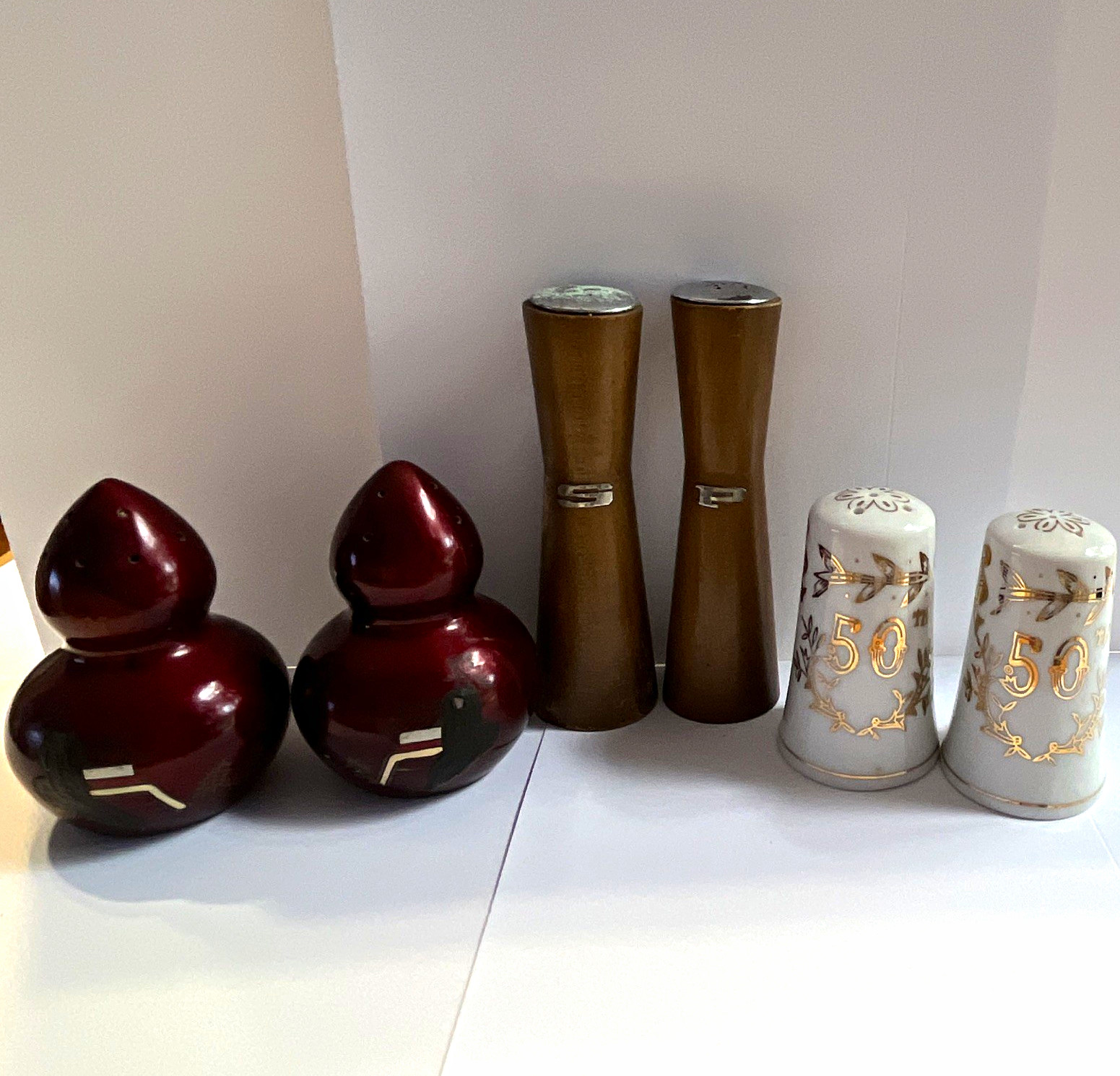 Lot of 3 Vintage Salt & Pepper Shaker Sets, Ceramic & Wood, Lefton 50th, Japan Lot of 3 Vintage Salt & Pepper Shaker Sets, Ceramic & Wood, Lefton 50th, Japan