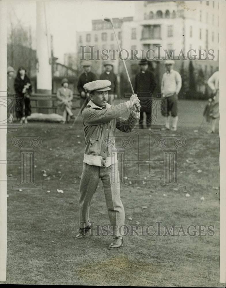 1925 Press Photo Japanese Prince Asaka tees off at country club in Rye, New York 1925 Press Photo Japanese Prince Asaka tees off at country club in Rye, New York