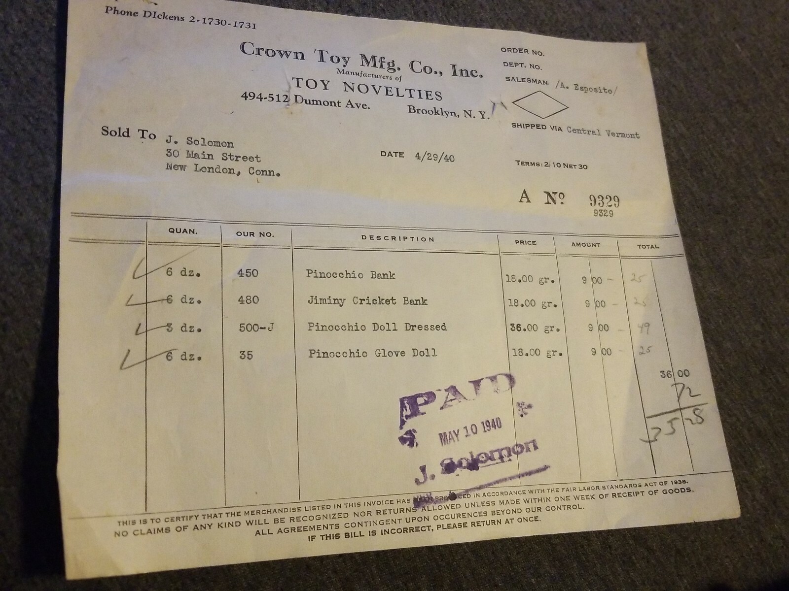 Orig 1940’s Pinocchio Walt Disney Productions Crown Toys Mfg Co Brooklyn NY Bill Orig 1940’s Pinocchio Walt Disney Productions Crown Toys Mfg Co Brooklyn NY Bill