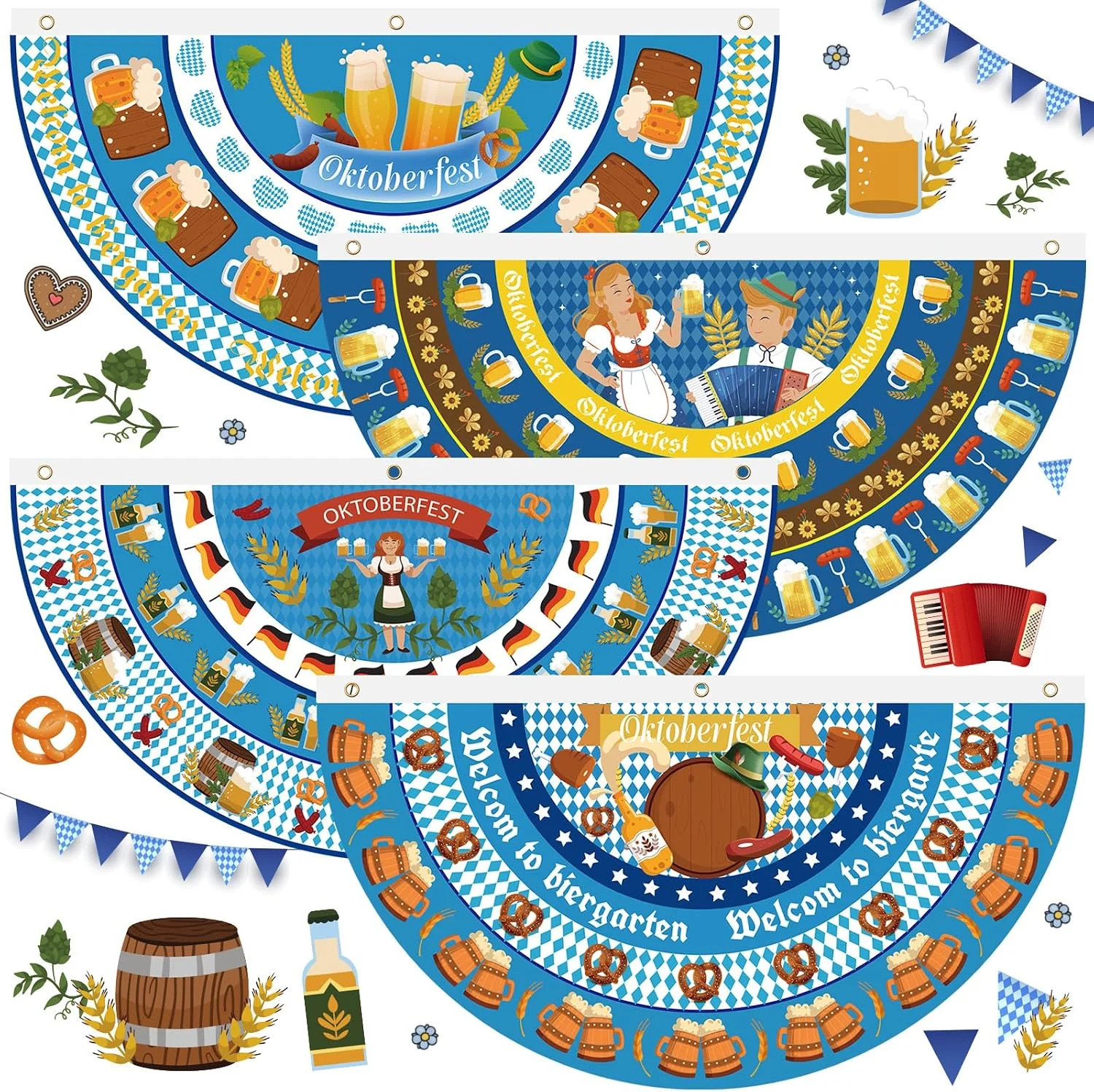 4 Pcs Oktoberfest Bunting Fan Flag for German Bavarian Decoration 4 x 2 ft
