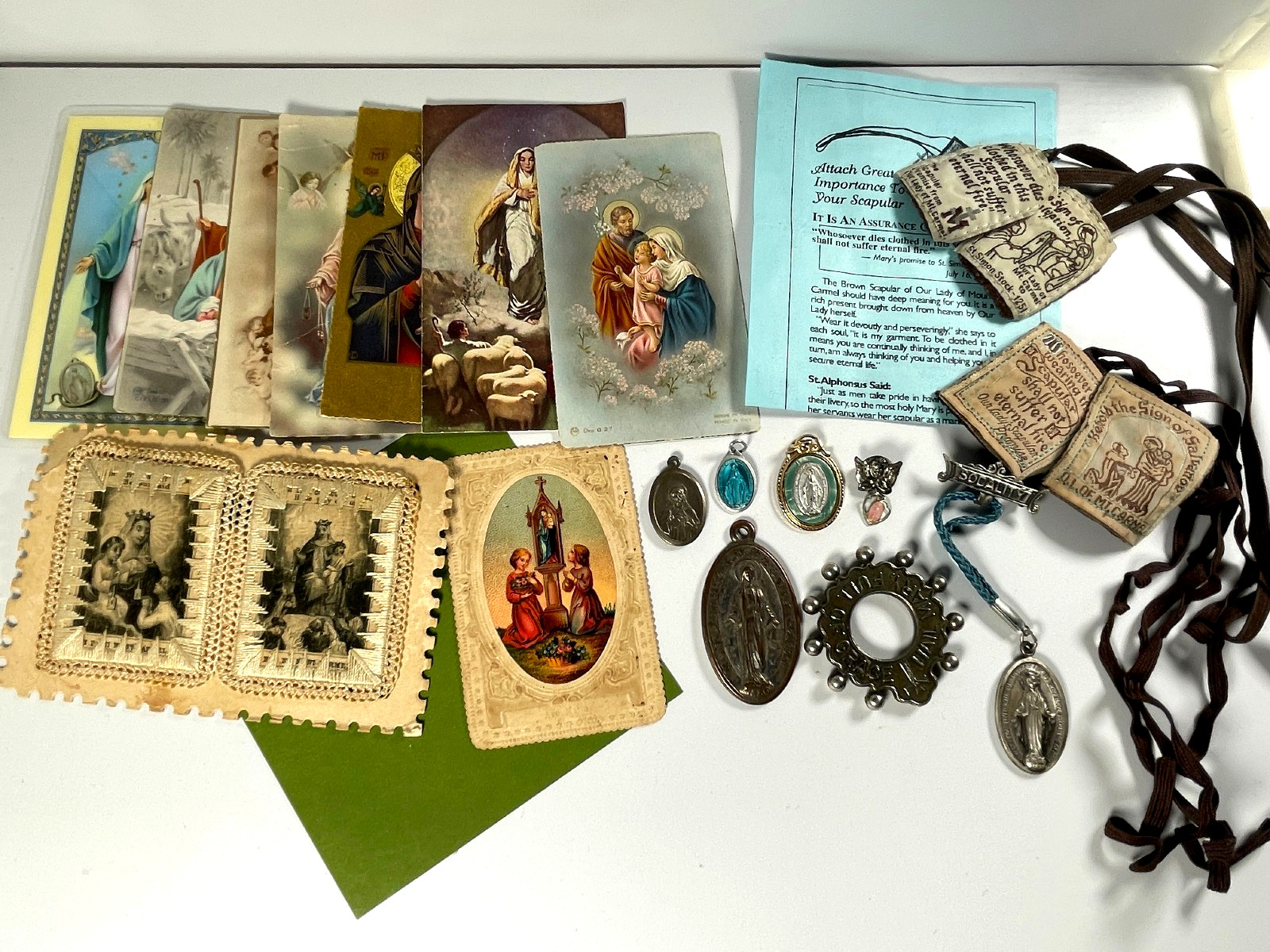 Vintage Catholic Scapular Our Lady Mount Carmel Medals Virgin Mary Holy Card Lot