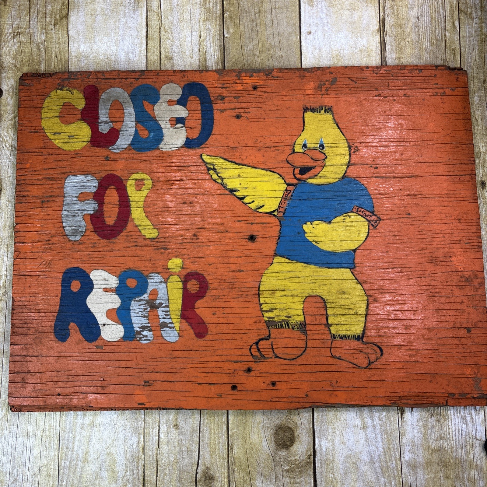 Vtg Lakeside Amusement Park Wood Sign Closed Repair Hand Painted Doodle Duck VA
