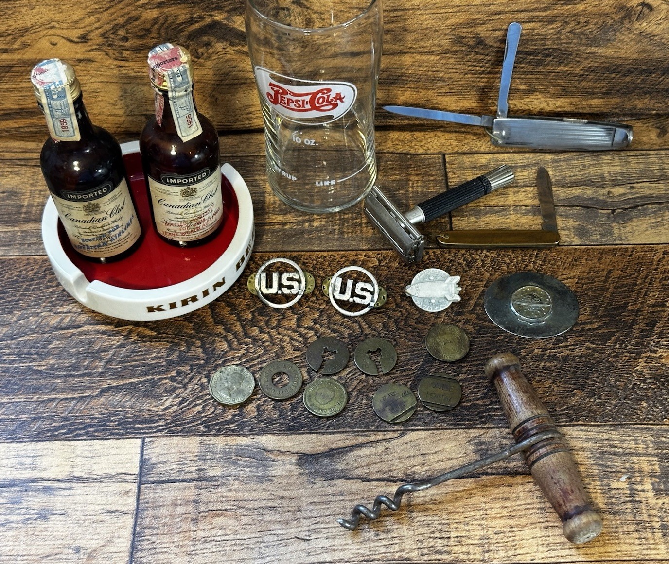 JUNK DRAWER PEPSI SODA FOUNTAIN AIRLINE WHISKEY BOTTLES TOKENS GILLETTE RAZOR