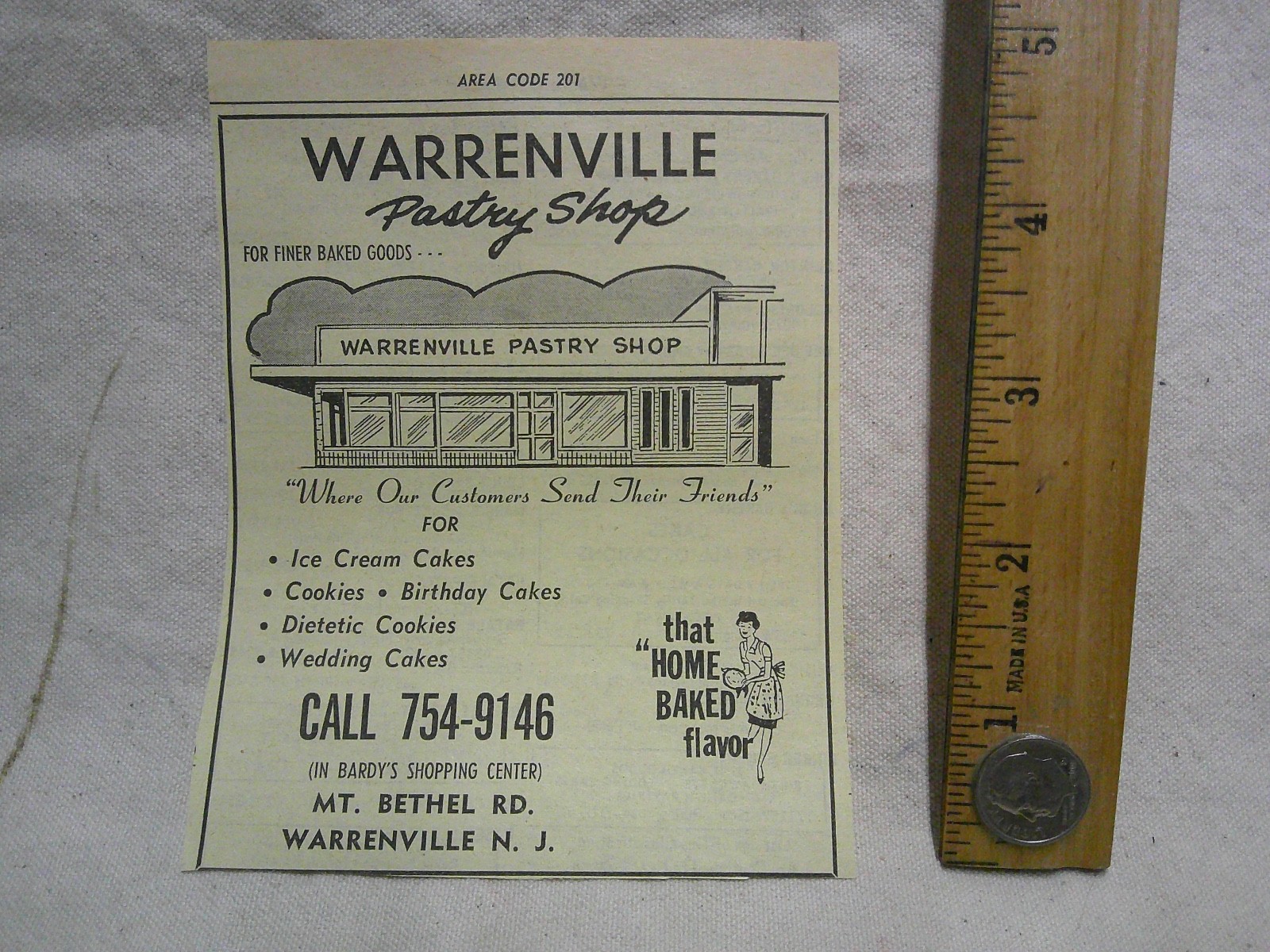 Vintage AD Warrenville NJ Bakery Pastry 1972 new jersey Bethel Rd.