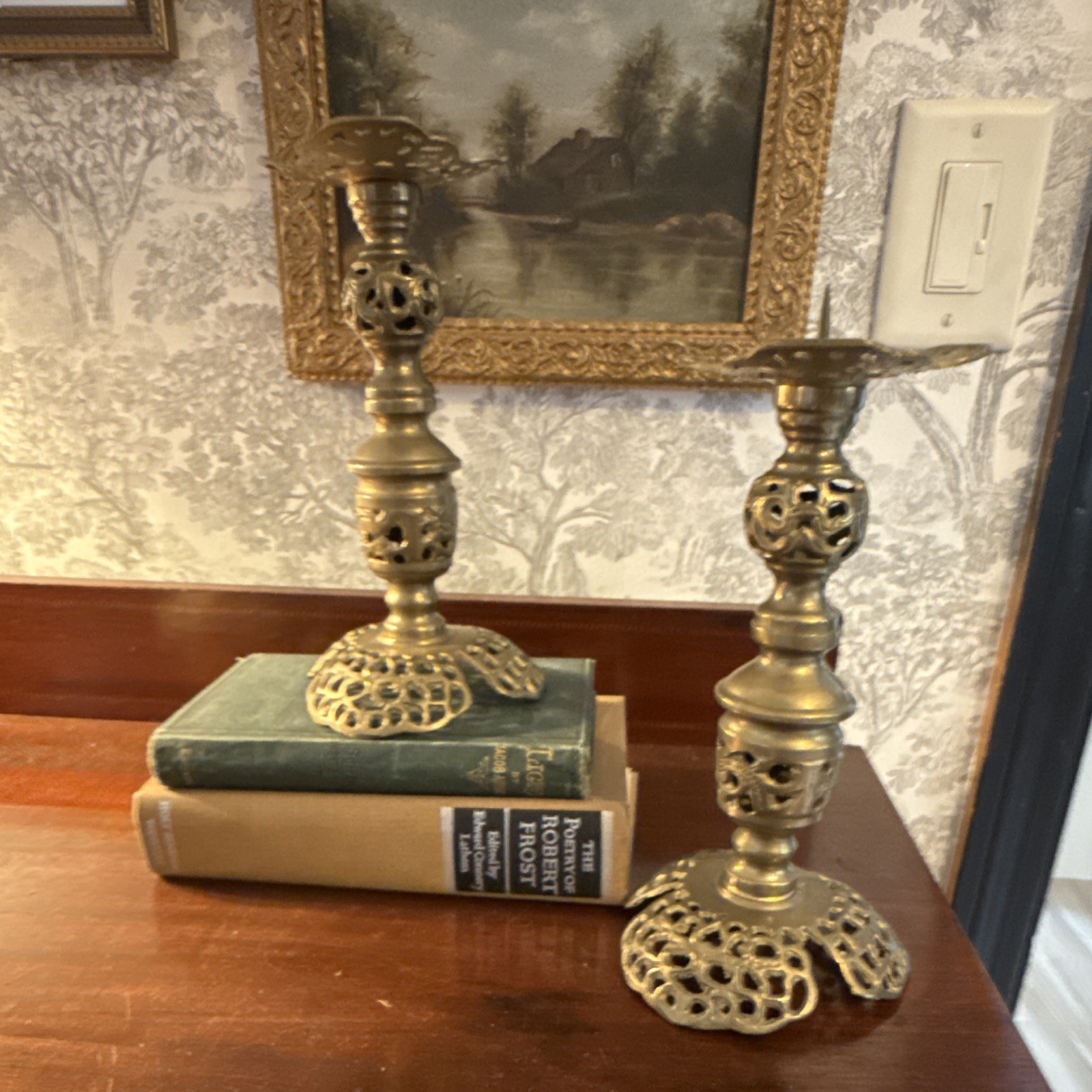 Vintage Pair Pierced Brass Cherub Pricket Altar Candlesticks Candle Holders Vintage Pair Pierced Brass Cherub Pricket Altar Candlesticks Candle Holders