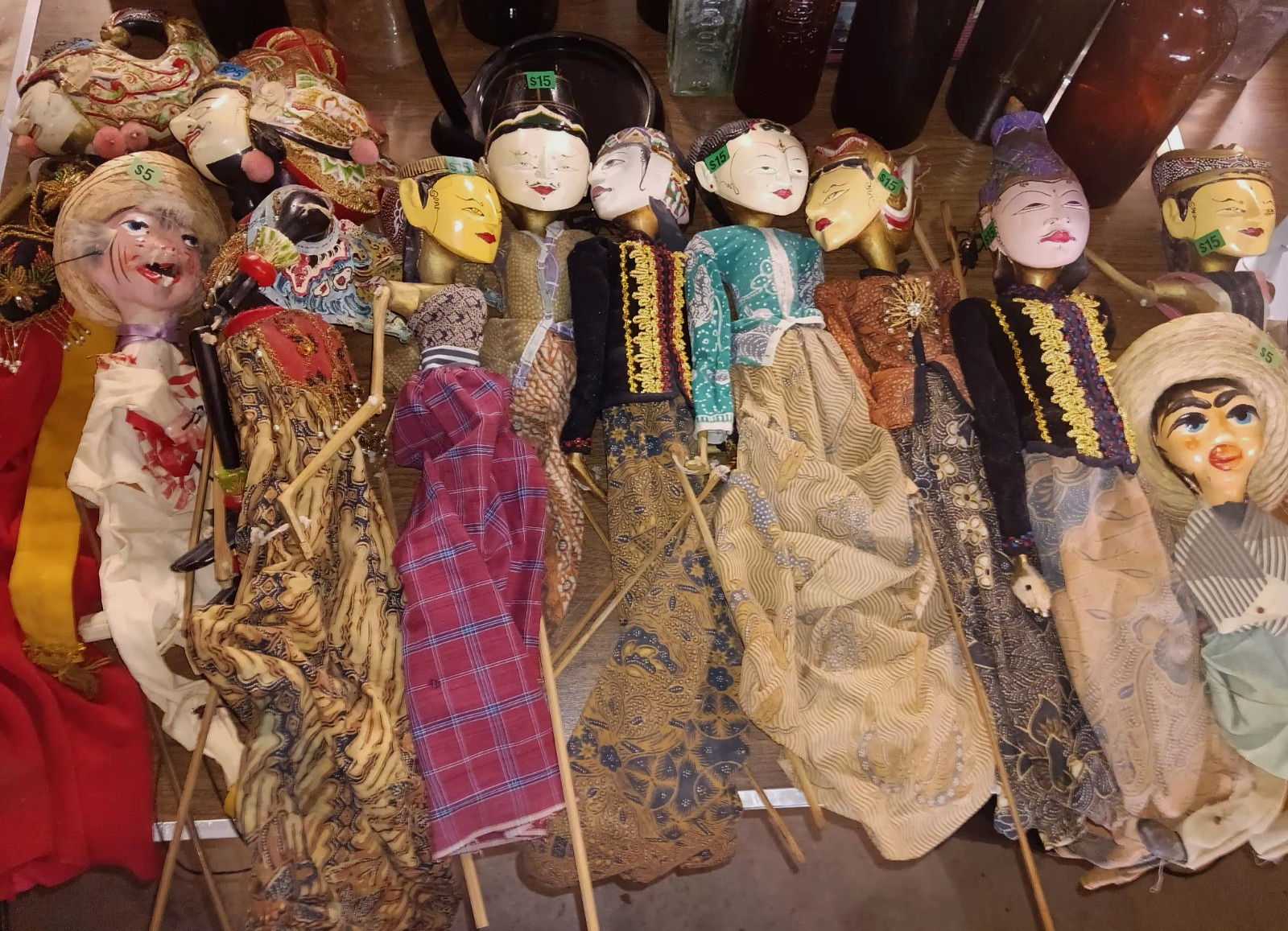 Lot 11 Vintage wood Indonesian Wayang Golek Stick Dolls & Mexican Marionettes