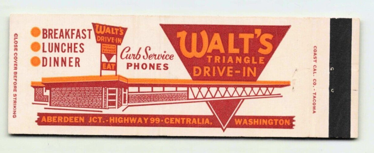 Vintage Walts Triangle Drive-In Centralia Washington Highway 99 Matchbook