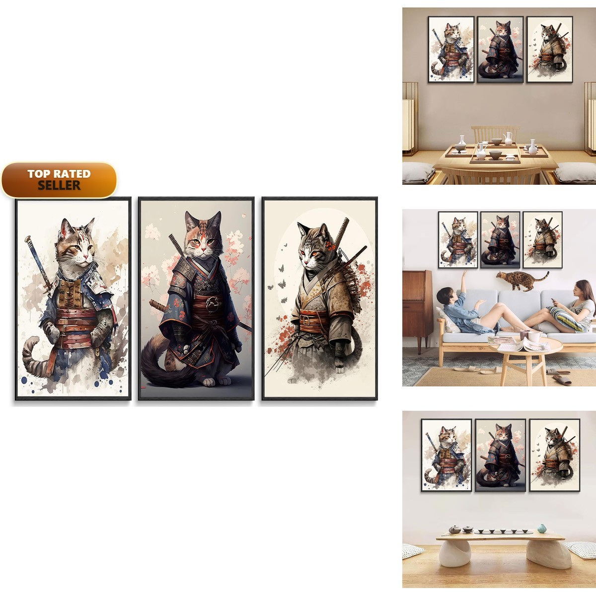 RYZQUBF 3Pcs Vintage Cool Japanese Samurai Cat Wall Art