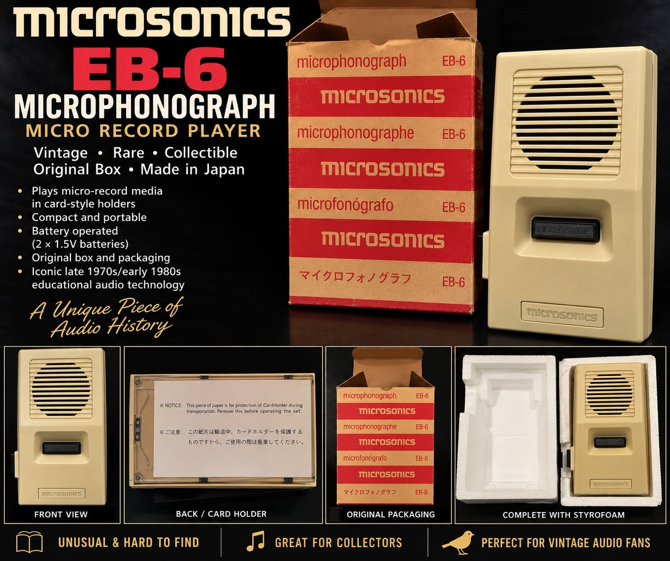 Vintage Microsonics EB-6 Microphonograph Micro Record Player Original Box Japan