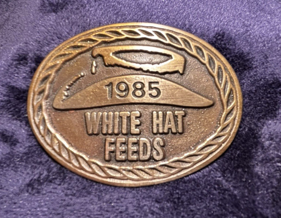 Vtg 1985 White Hat Feeds Oval Farming Solid Brass Belt Buckle