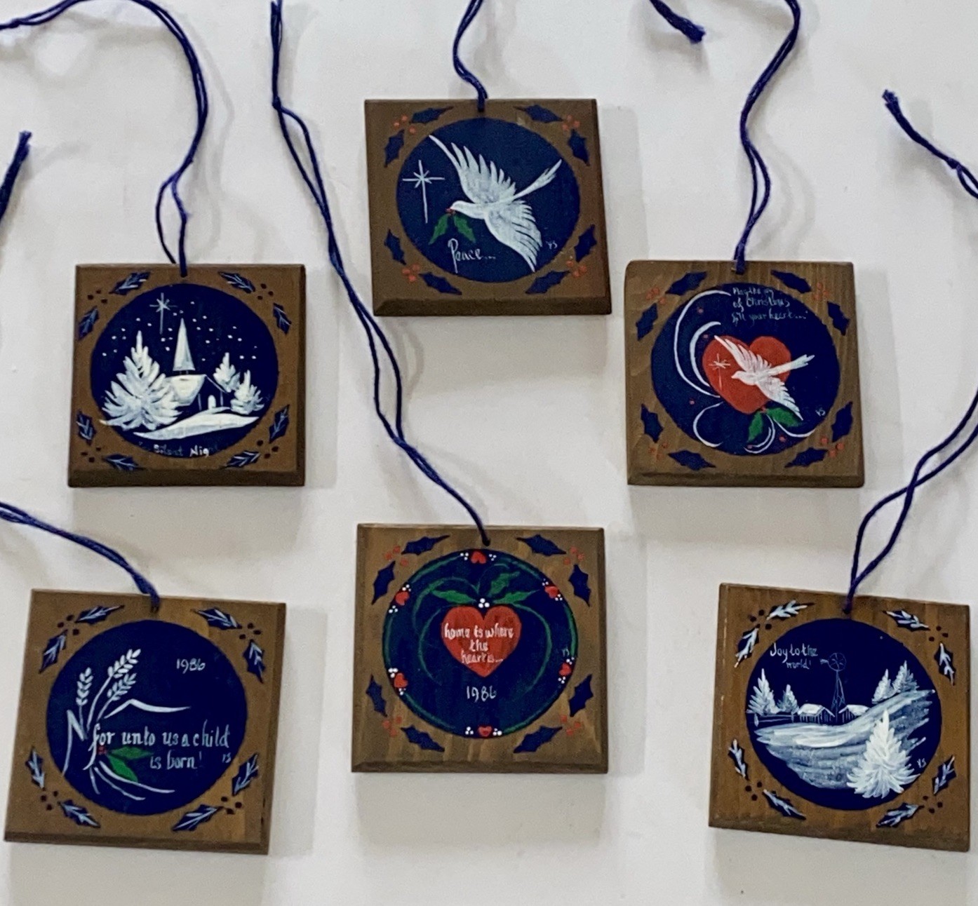 Vtg 6 Hand Crafted Painted Ornaments Wooden Christmas Scenes Artist Signed 2.5” Vtg 6 Hand Crafted Painted Ornaments Wooden Christmas Scenes Artist Signed 2.5”