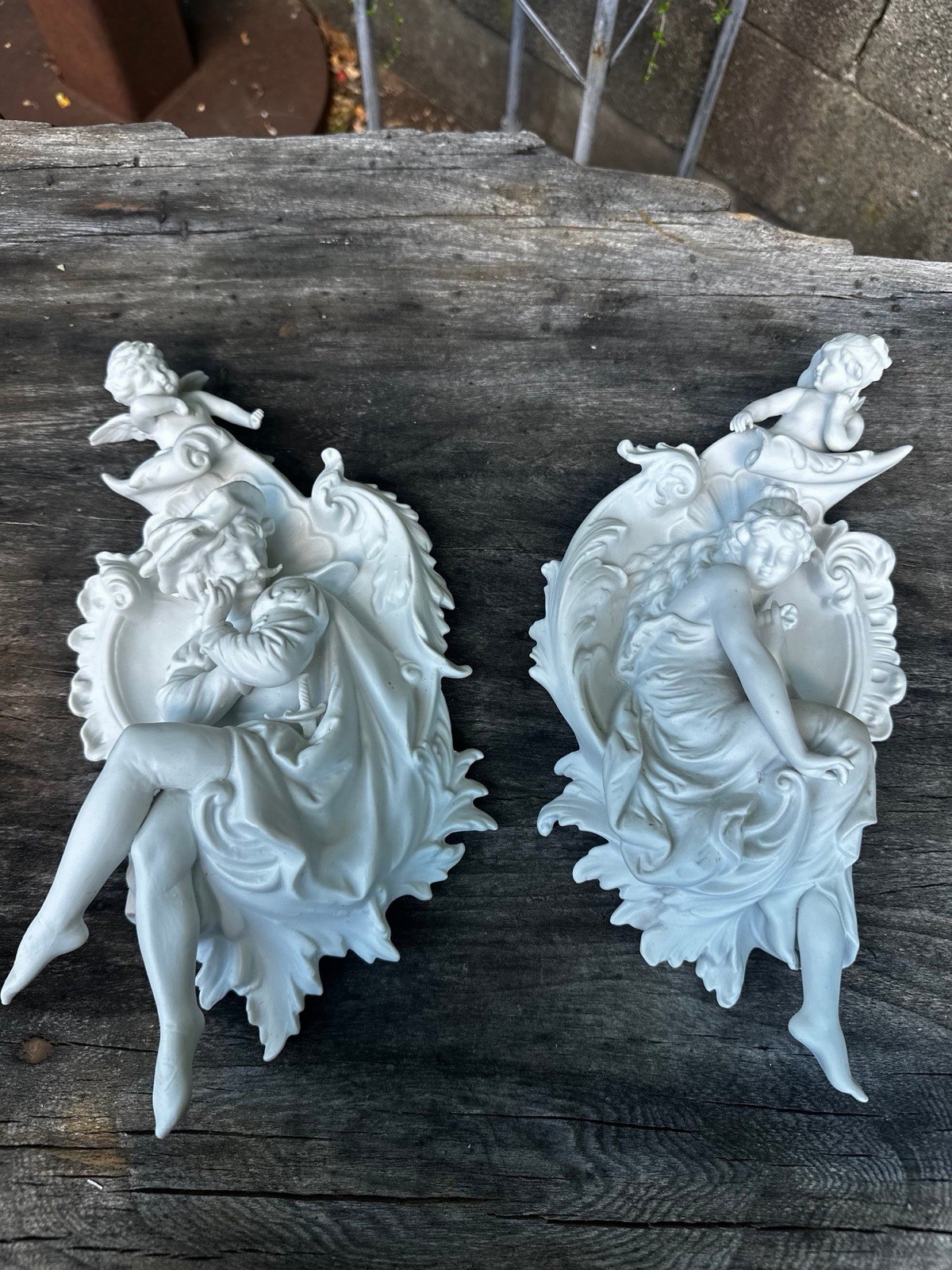 Set of 2 Antique Bisque Porcelain Wall Hanging Plaque Art Deco