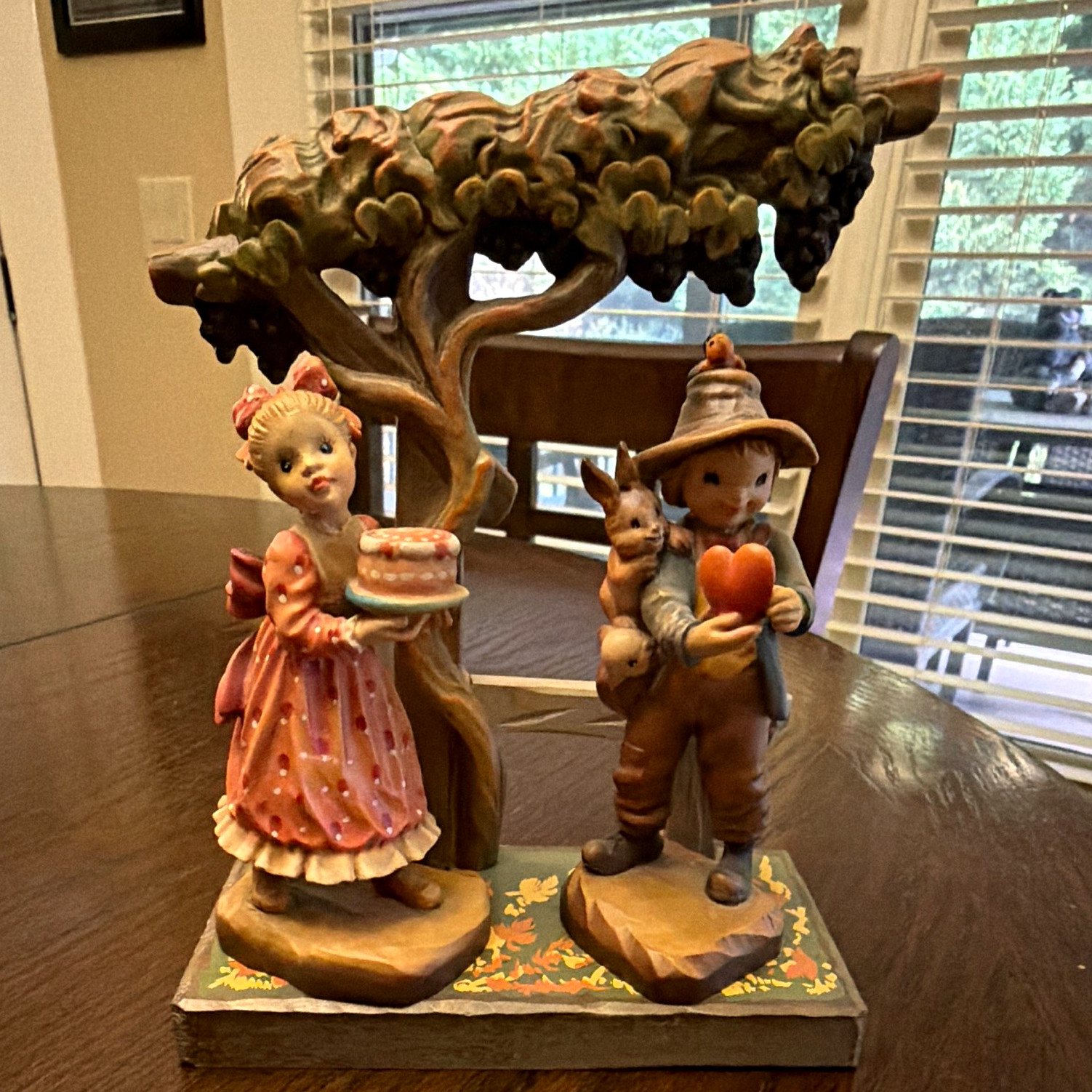 ANRI Valentine 3pc Hand-Carved Wood Figurines Boy Heart Girl Cake Tree Base