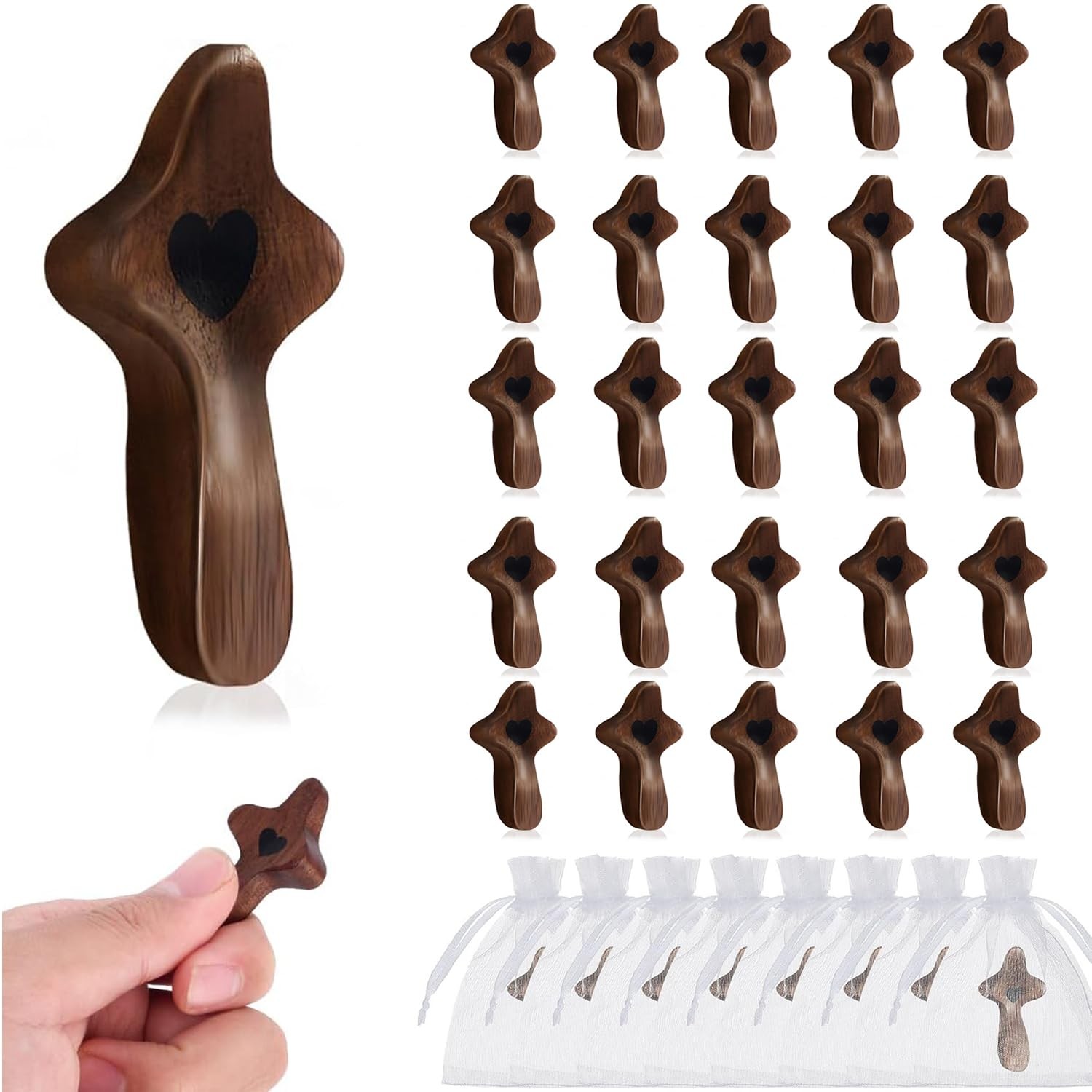 25 PCS Pocket Wooden Cross Black Walnut Heart Design Religious Comfort Gift