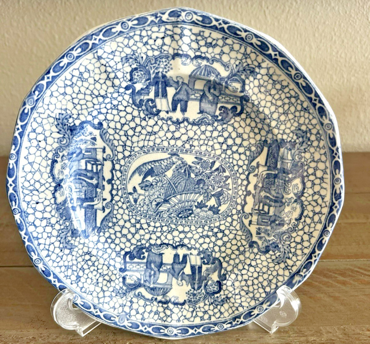 Wm Adams Chinese Bird Blue White Transferware Plates Set of 3 8\