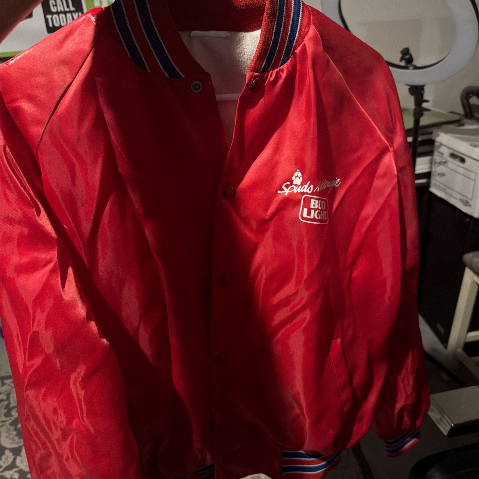 1987 Spuds Mackenzie Bud Light Satin Nylon Red Bomber Jacket 