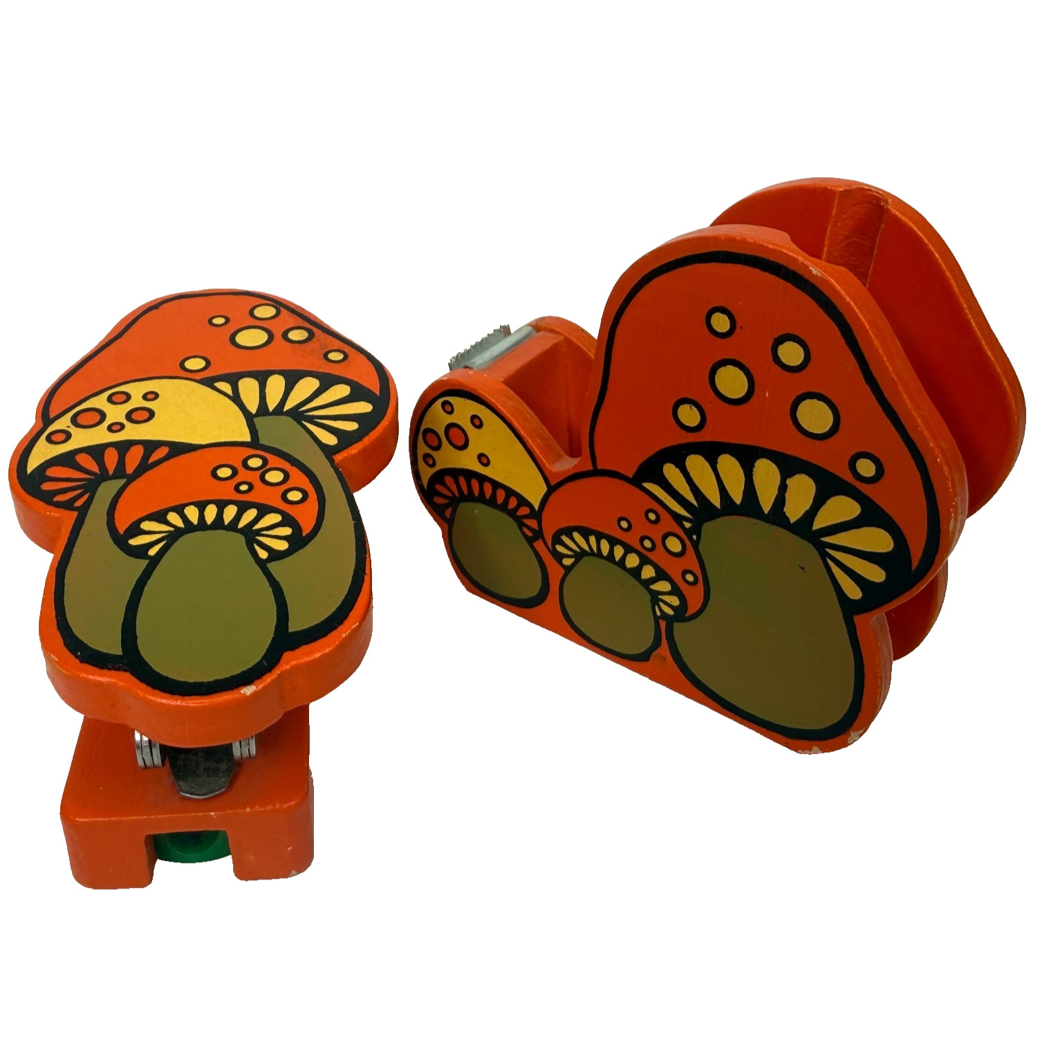 Vintage 70s Wooden Mushroom Tape Dispenser & Stapler Japan OMC Counterpoint 