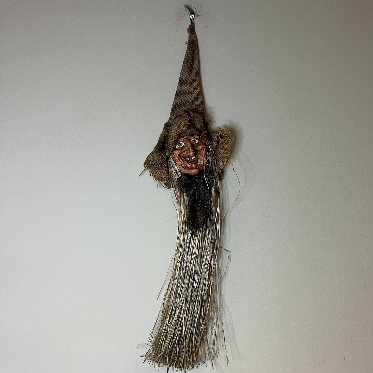 VTG Folk Art Handmade Witch Head Primitive Halloween Horror Witch Hat Straw VTG Folk Art Handmade Witch Head Primitive Halloween Horror Witch Hat Straw