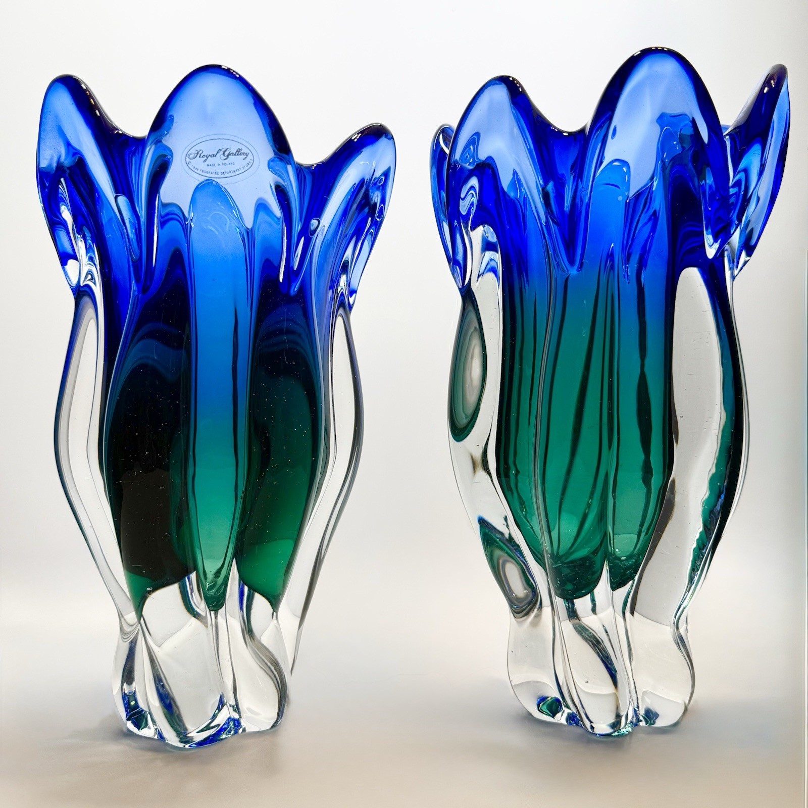 VTG (Set 2) “Royal Gallery”Handblown Art Glass Vase Sommerso Cobalt Blue &Green