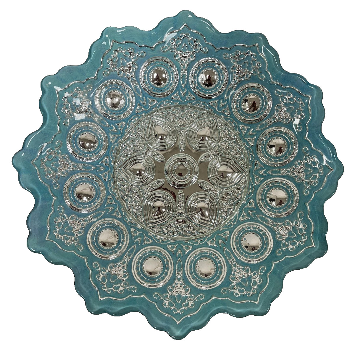 EFE Glass Turkish Bowl Handmade Teal Turquoise Silver Leaf Scalloped Snowflake 9