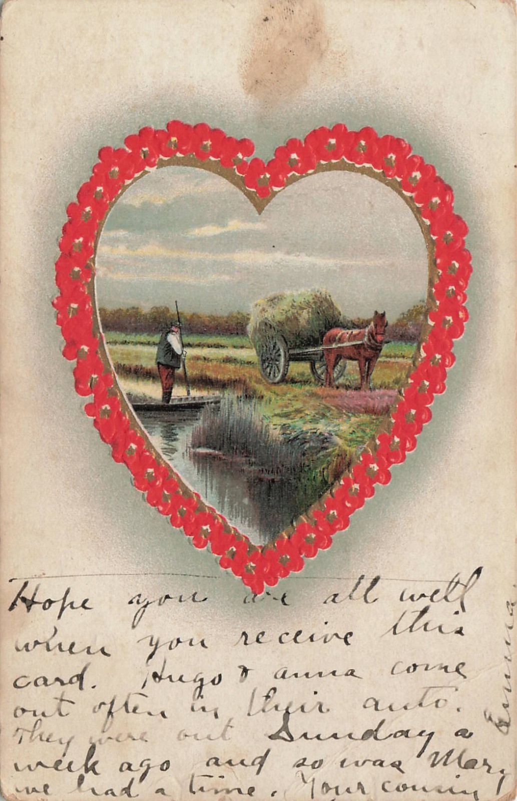 Vintage 1911 Valentines Postcard Flowered Hearts Horse & Wagon Farm Scene Vintage 1911 Valentines Postcard Flowered Hearts Horse & Wagon Farm Scene