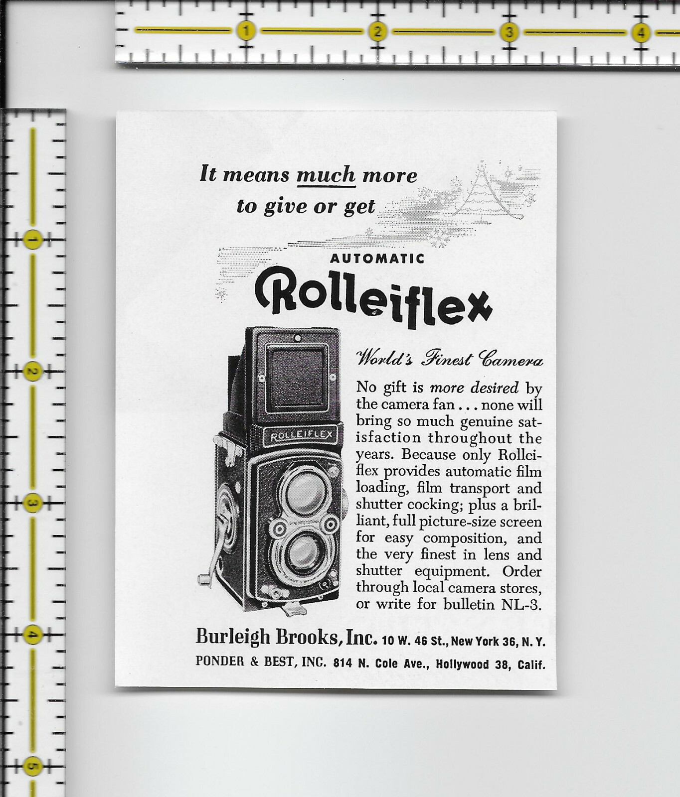 Rolleiflex camera Burleigh Brooks Inc. 1953 magazine small print ad Rolleiflex camera Burleigh Brooks Inc. 1953 magazine small print ad