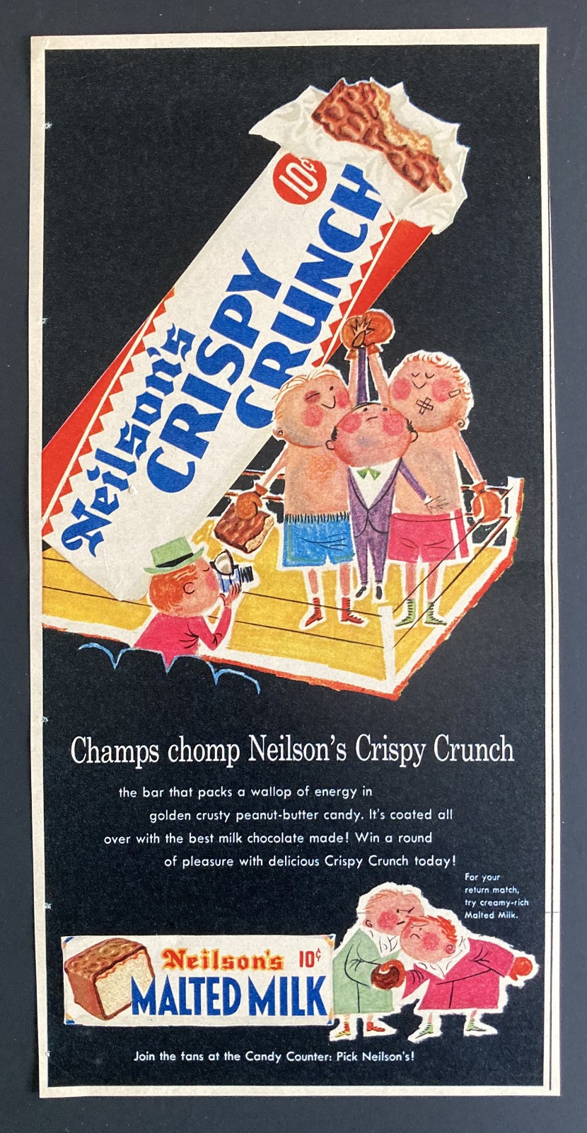 STUNNING 1959 CANADIAN AD CANADA NEILSON\'S CRISPY CRUNCH CHOCOLATE BAR BOXING