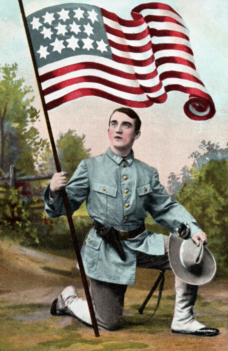 Spanish Philippine American War Era US Army Soldier Postcard Kneel For Flag Spanish Philippine American War Era US Army Soldier Postcard Kneel For Flag