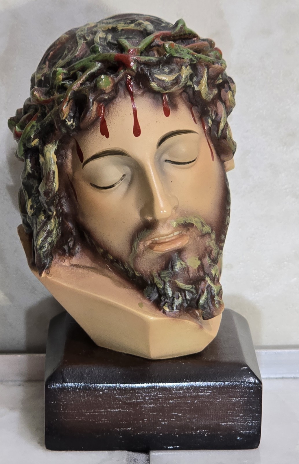 Vintage Jesus Christ Crown of Thorns Bust Sculpture Religious Statue Wood Base