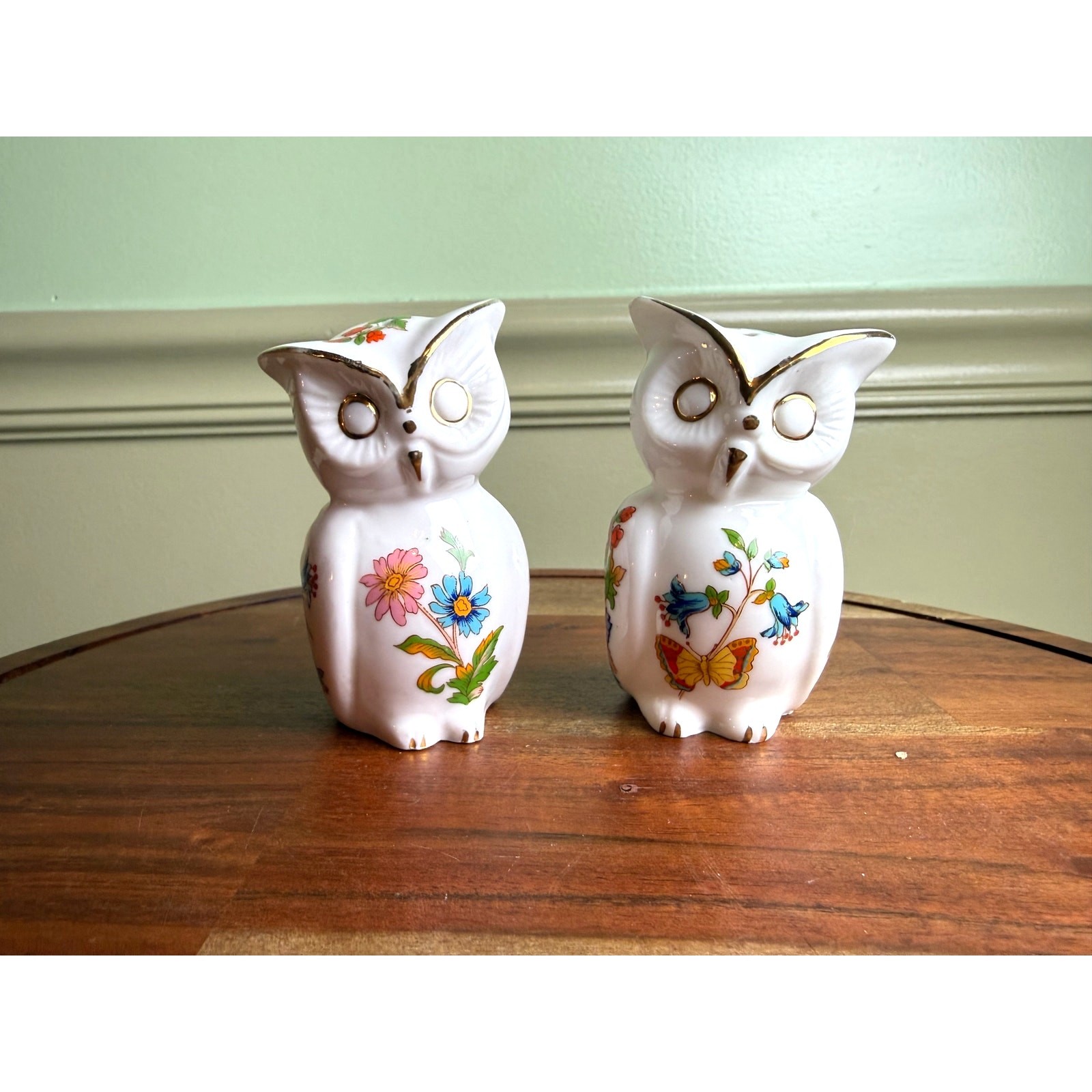 Vintage Owl Salt & Pepper Shakers Set | Floral Porcelain Owls w/ Gold Trim