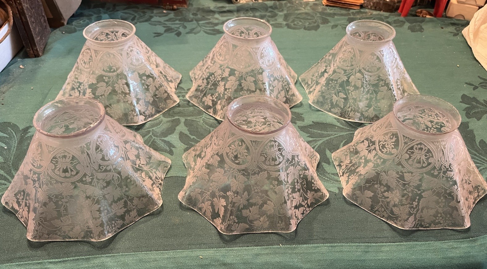 6 GREAT Victorian DEEP Etched GRAPE Pattern Electric Lamp Shades 2-1/4” Fitters 6 GREAT Victorian DEEP Etched GRAPE Pattern Electric Lamp Shades 2-1/4” Fitters