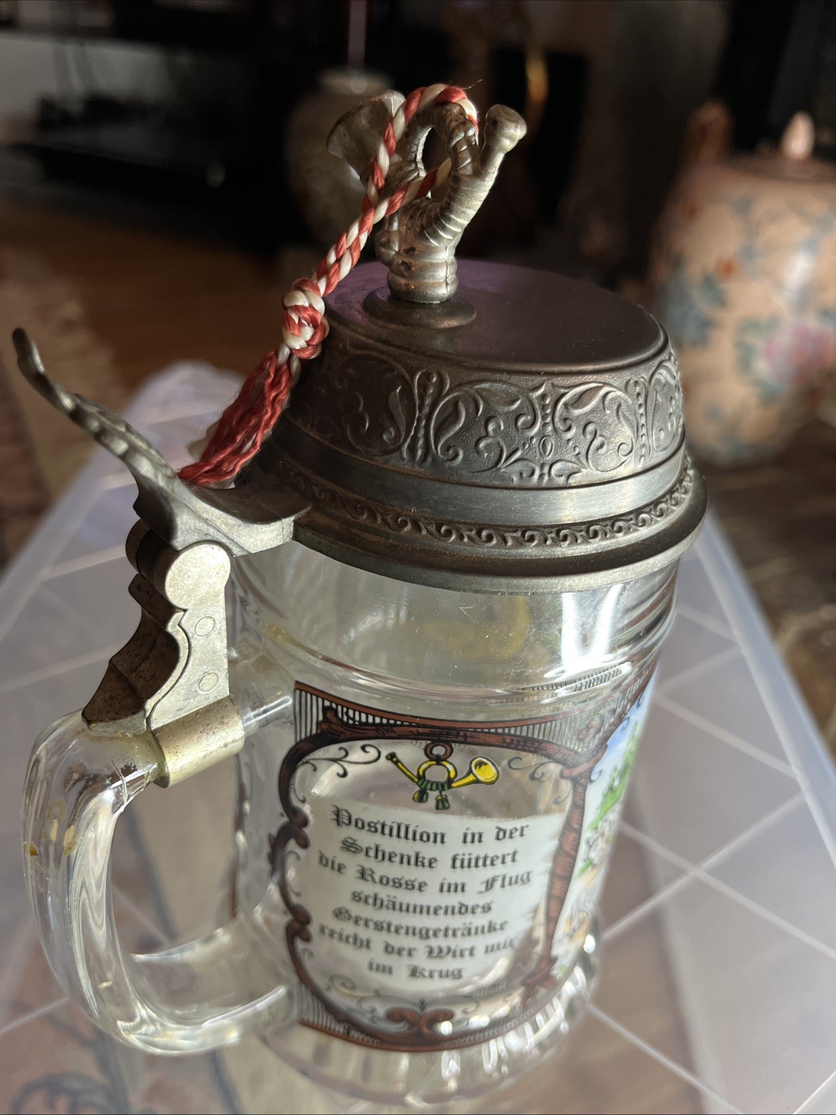 Vintage BMF West Germany Musical Glass Beer Stein Postillion 0.5L 8” Works