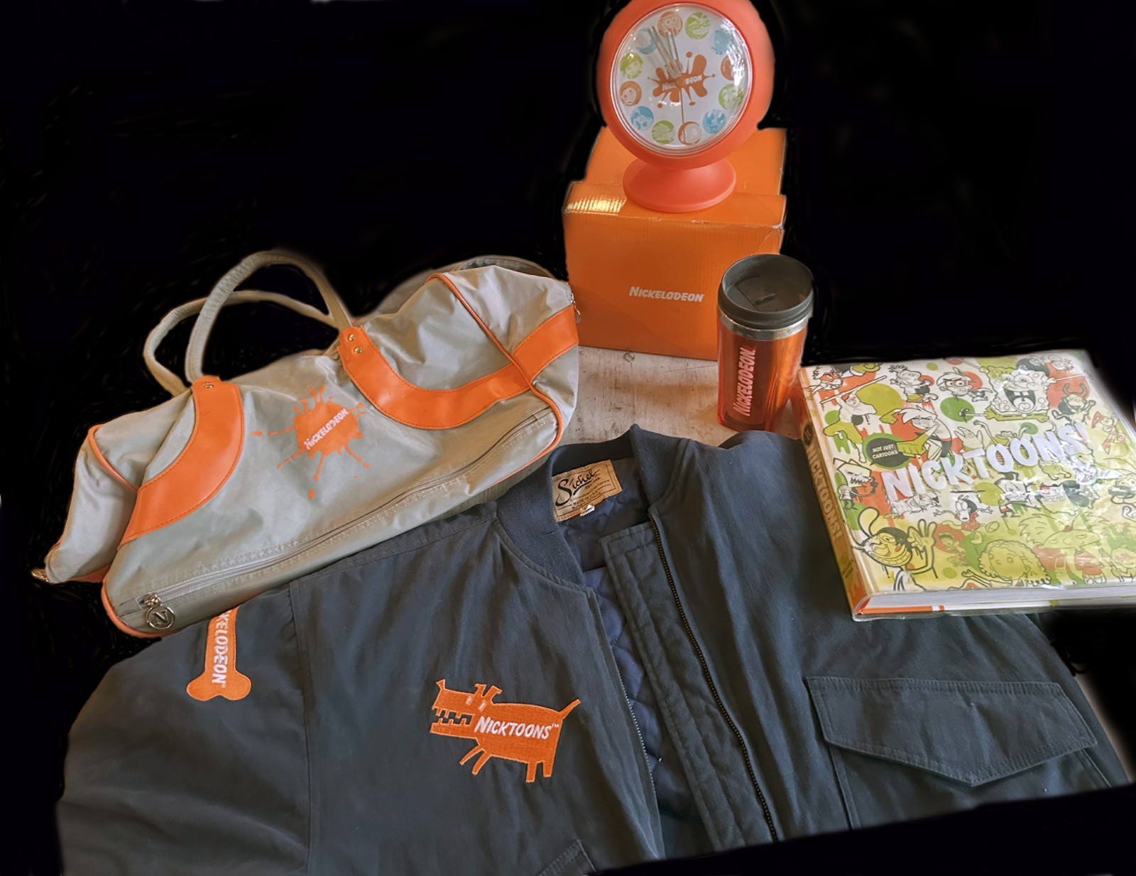 Nickelodeon Employee Gift Bundle Crew Jacket, Clock, Mug, Slime Book, Duffel Bag