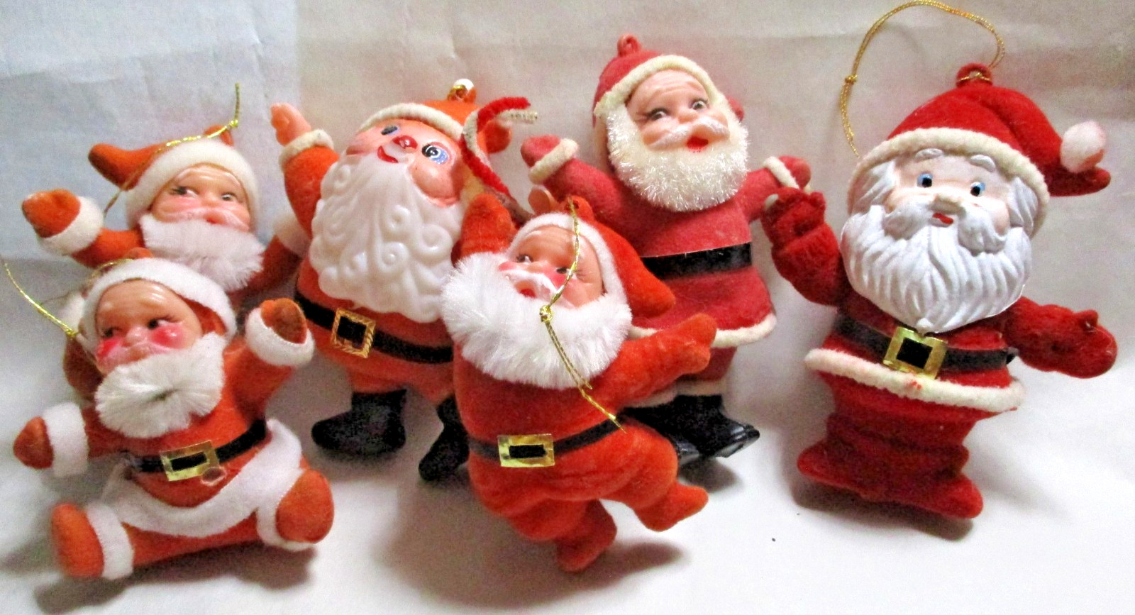 LOT OF 6 VINTAGE FLOCKED SANTA CLAUS CHRISTMAS ORNAMENTS RUBBER FACE KITSCH