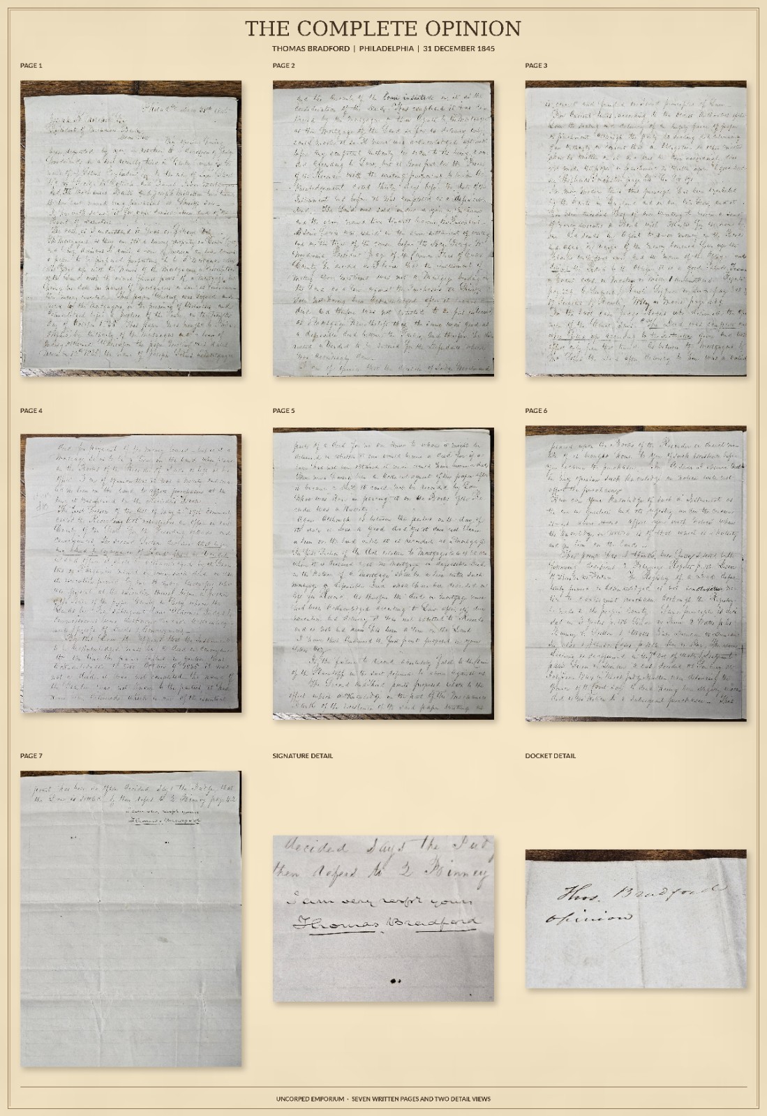 1845 Thomas Bradford Signed Legal Opinion Philadelphia Mechanics Bank 7 Pages