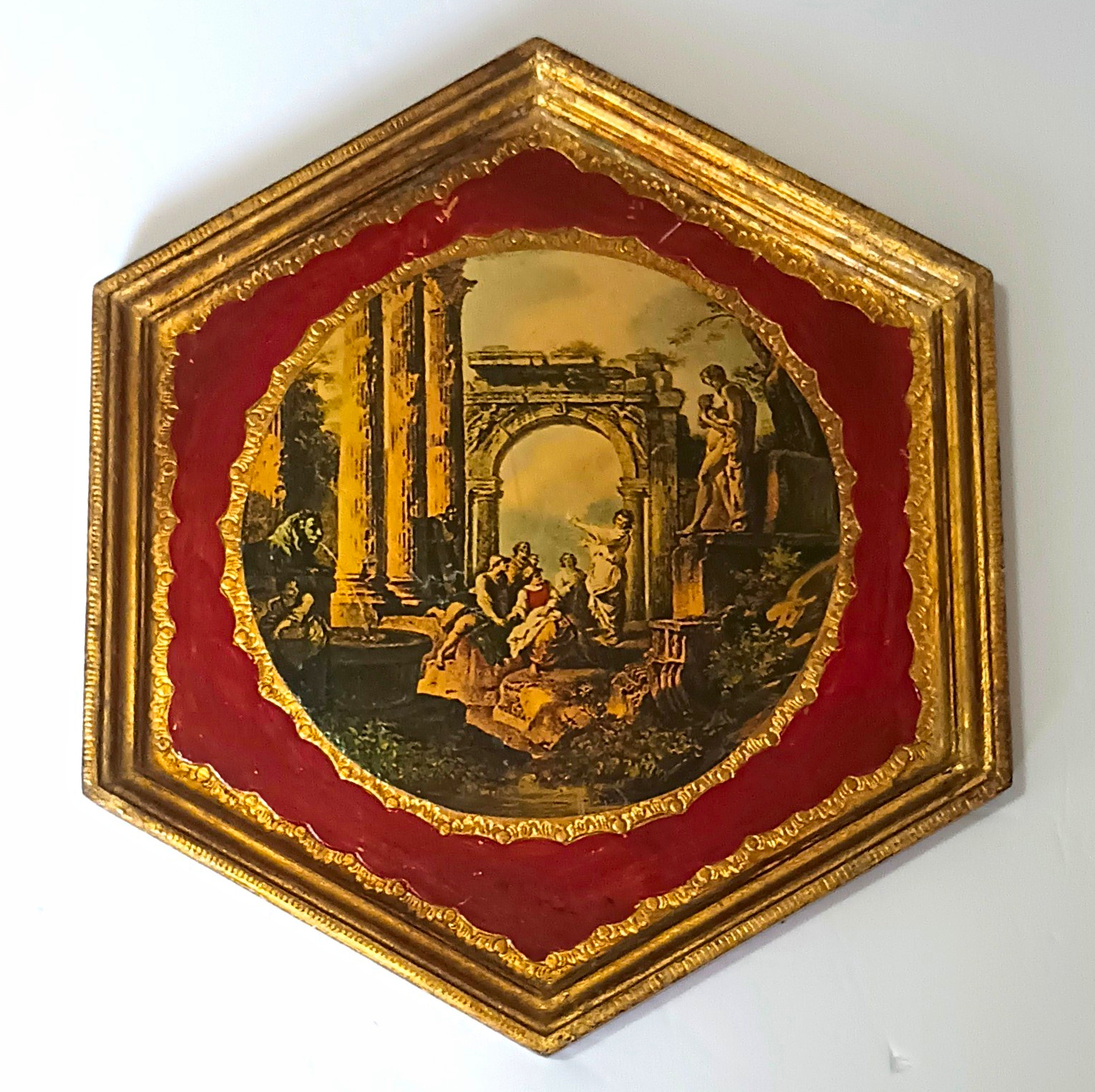 Vintage Italian Florentine Pannini Roman Ruins Plaque Ornate Gilt Wood 10\