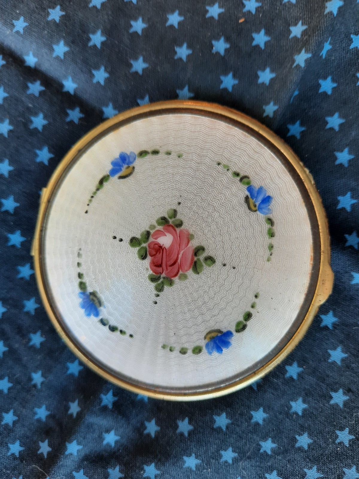 Vintage Pink & Blue flowers enamel Gold Gilded Filigree powder & rouge compact