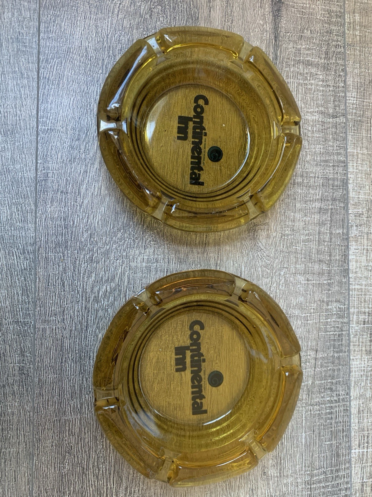Vintage Continental Inn Ashtrays Amber Glass Hotel Tobacciana Set of 2
