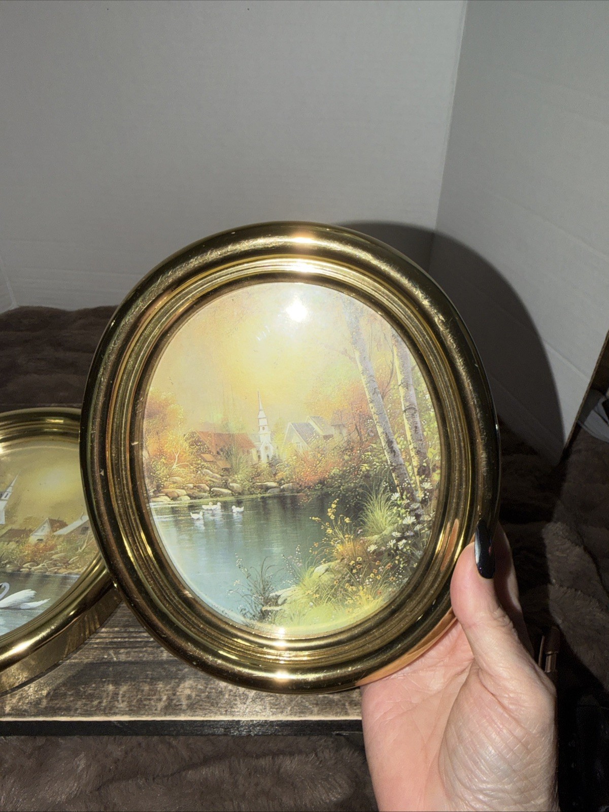 VTG HOMCO 2 Swan Lake  And Church Oval Gold Wall Pictures 7.75” Cottage Core