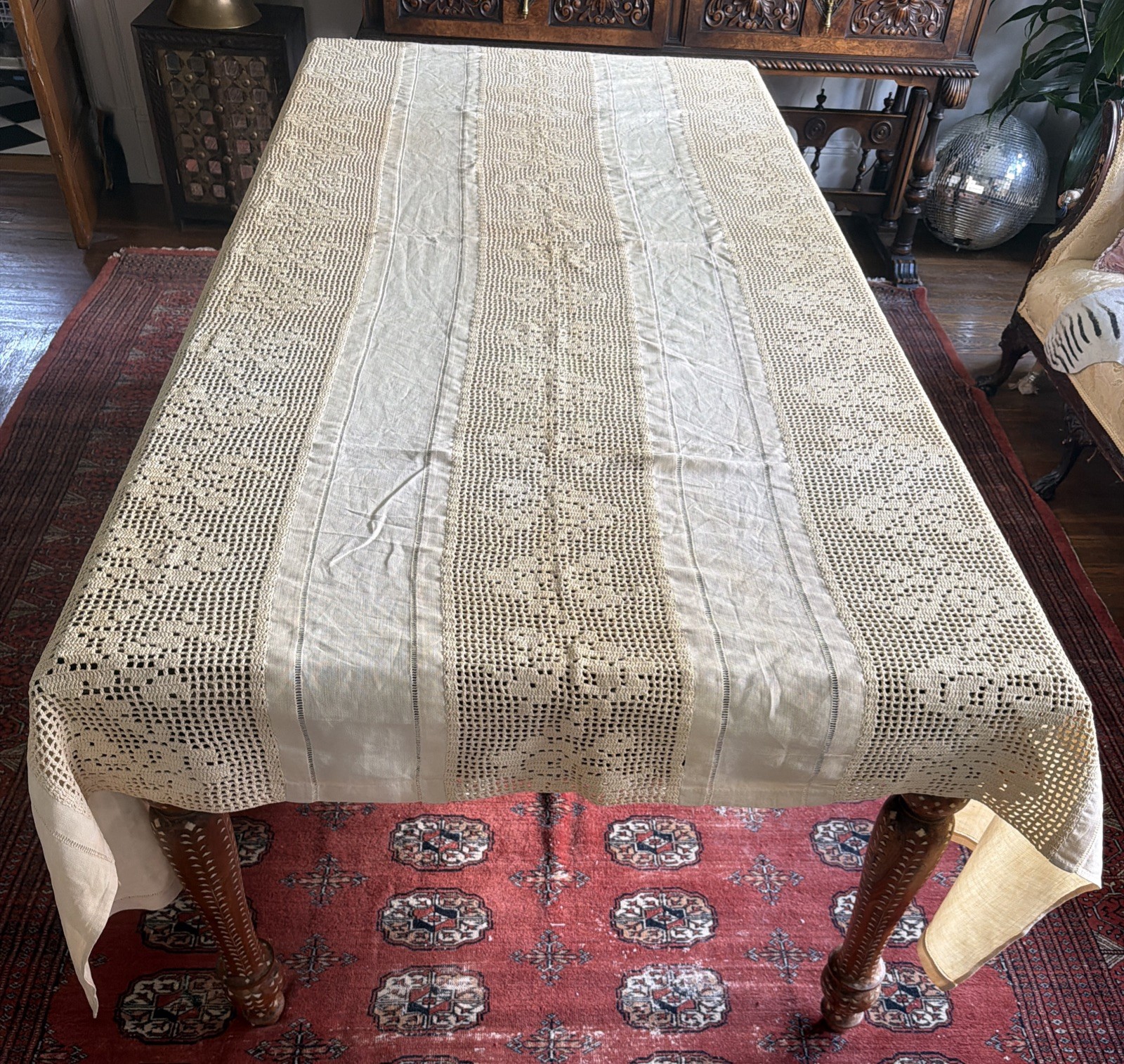 Antique/VTG Ecru Crochet Linen Tablecloth - Twin Bed Cover - Curtain 94\ Antique/VTG Ecru Crochet Linen Tablecloth - Twin Bed Cover - Curtain 94\