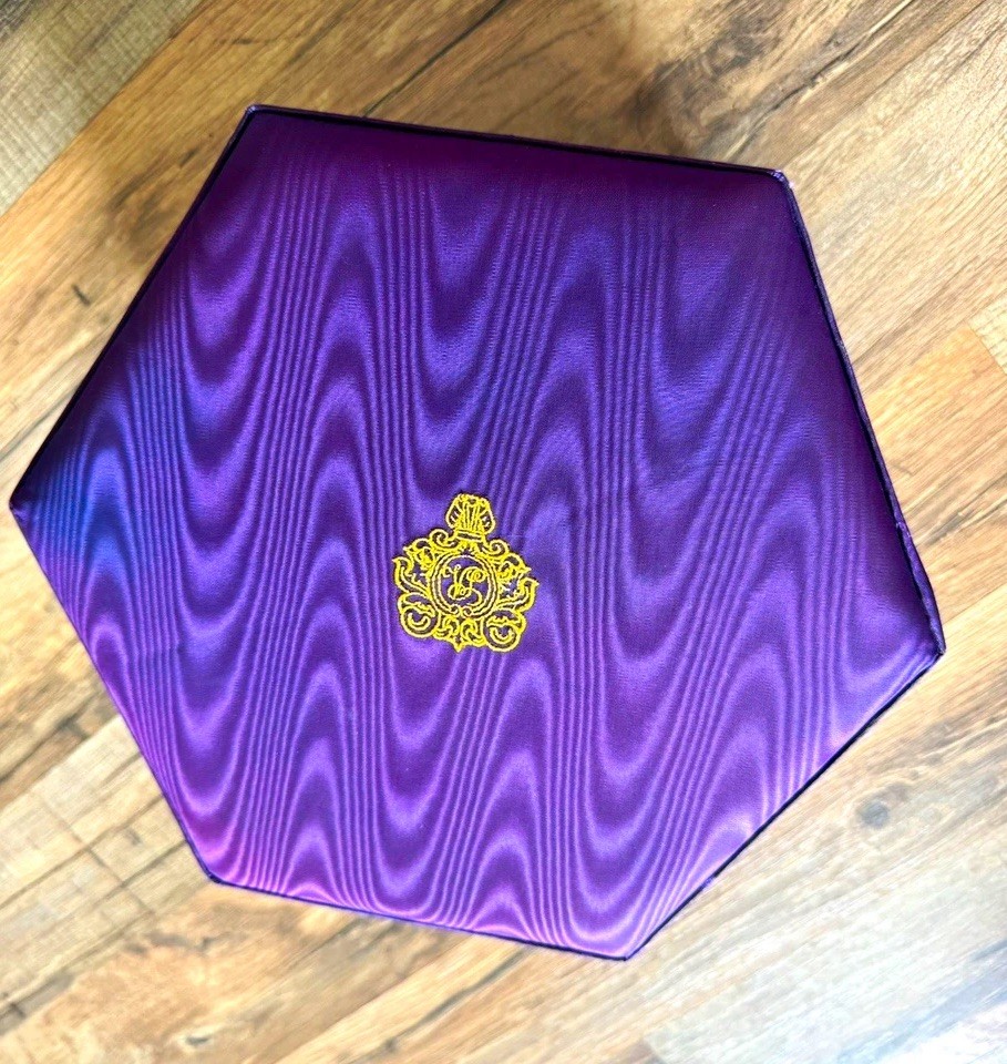 Vintage Purple Moire Hexagon Presentation Box Gold Crown Monogram Script Case Vintage Purple Moire Hexagon Presentation Box Gold Crown Monogram Script Case