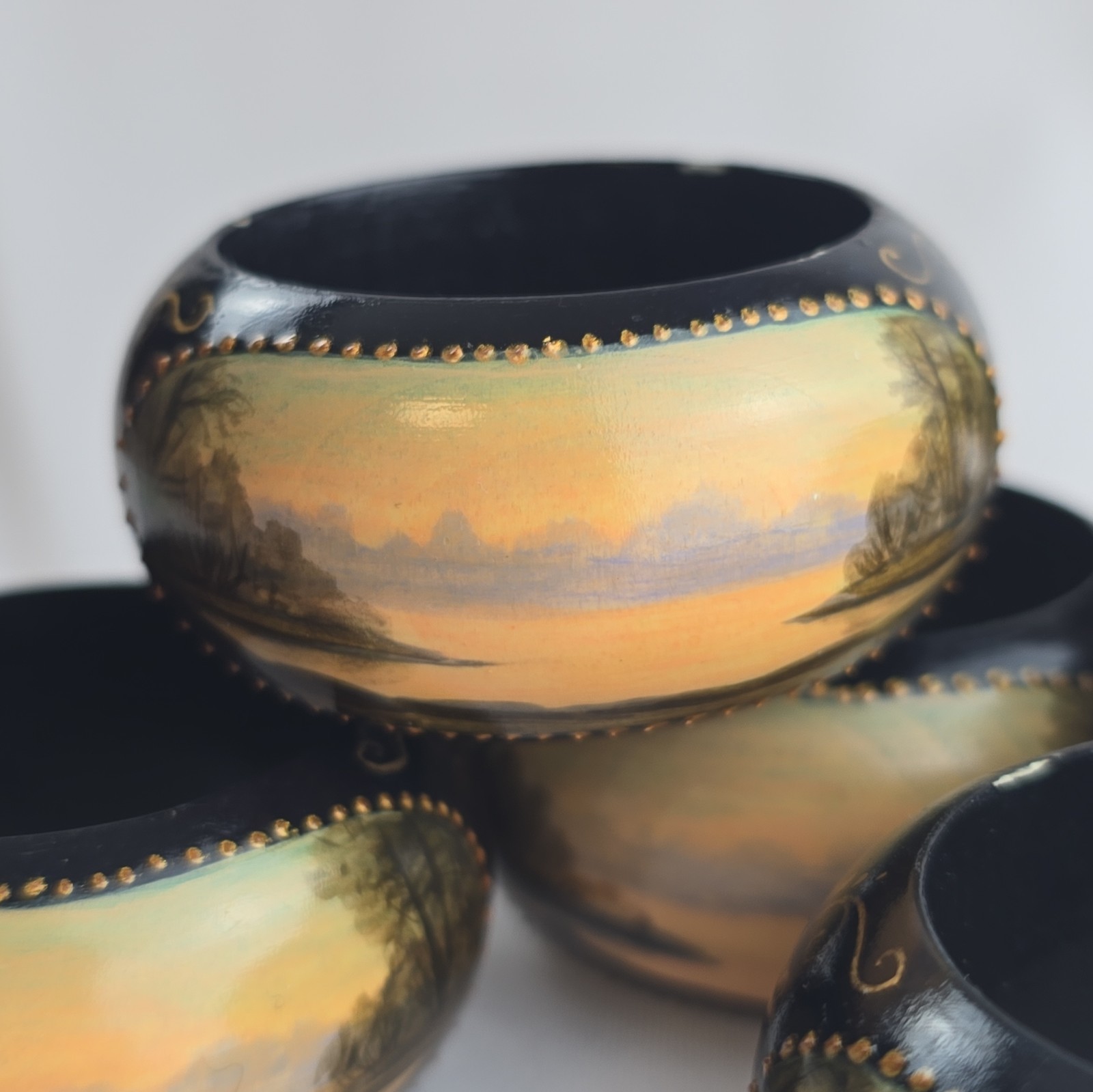 Set 6 Wood Napkin Rings Hand Painted Landscape Scene Black Lacquer Gold Accent
