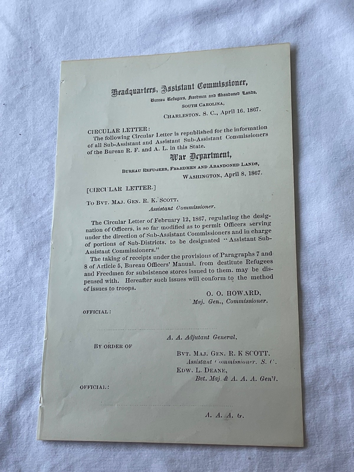 CIVIL WAR RECONSTRUCTION FREEDMAN CIRCULAR CHARLESTON GENERAL OO HOWARD 1867 CIVIL WAR RECONSTRUCTION FREEDMAN CIRCULAR CHARLESTON GENERAL OO HOWARD 1867