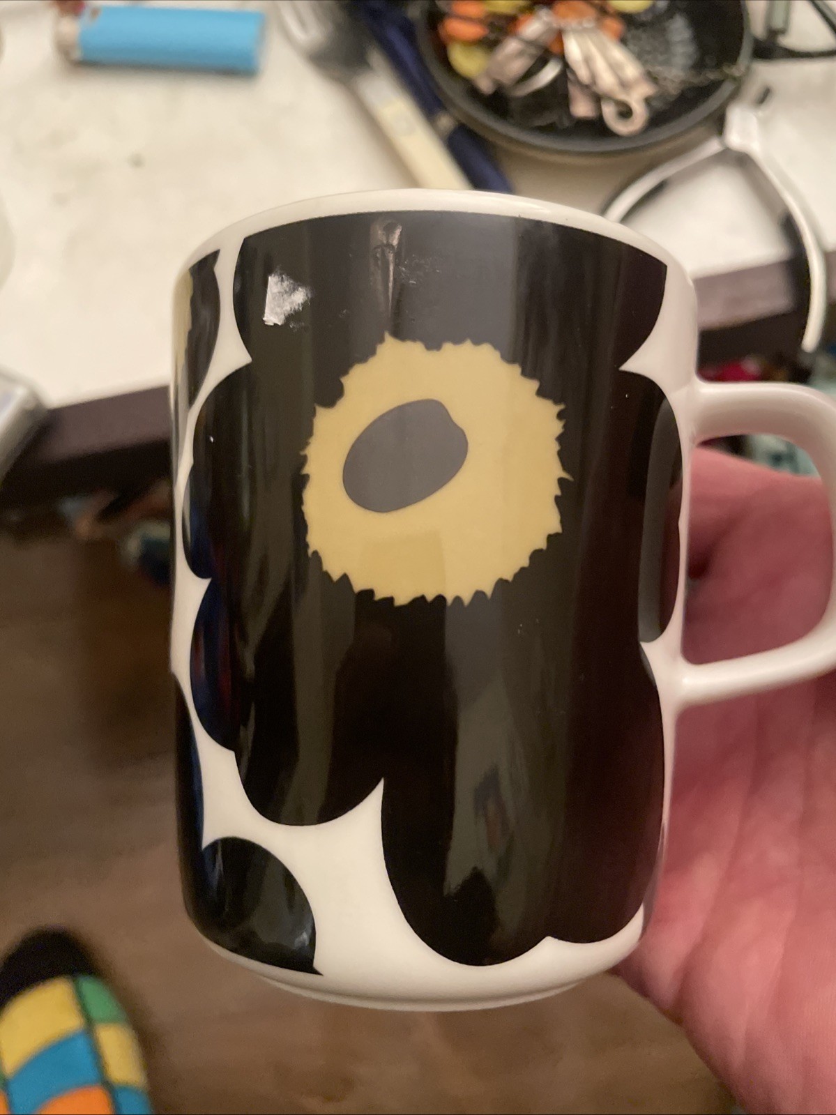 Marimekko Oiva Unikko Black Poppy Mug w/Tan Center Rare HTF