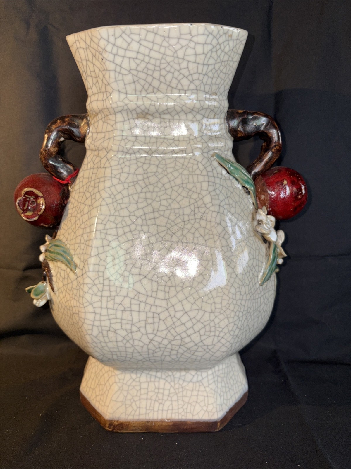 Antique VAN CLEVE Asian LARGE Crackle Vase Pomegranate Daisy Flower Accents RARE Antique VAN CLEVE Asian LARGE Crackle Vase Pomegranate Daisy Flower Accents RARE