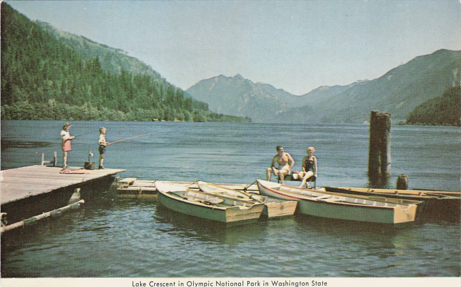 Vintage Lake Crescent Olympic National Park WA Postcard Fishing Boating Deers Vintage Lake Crescent Olympic National Park WA Postcard Fishing Boating Deers