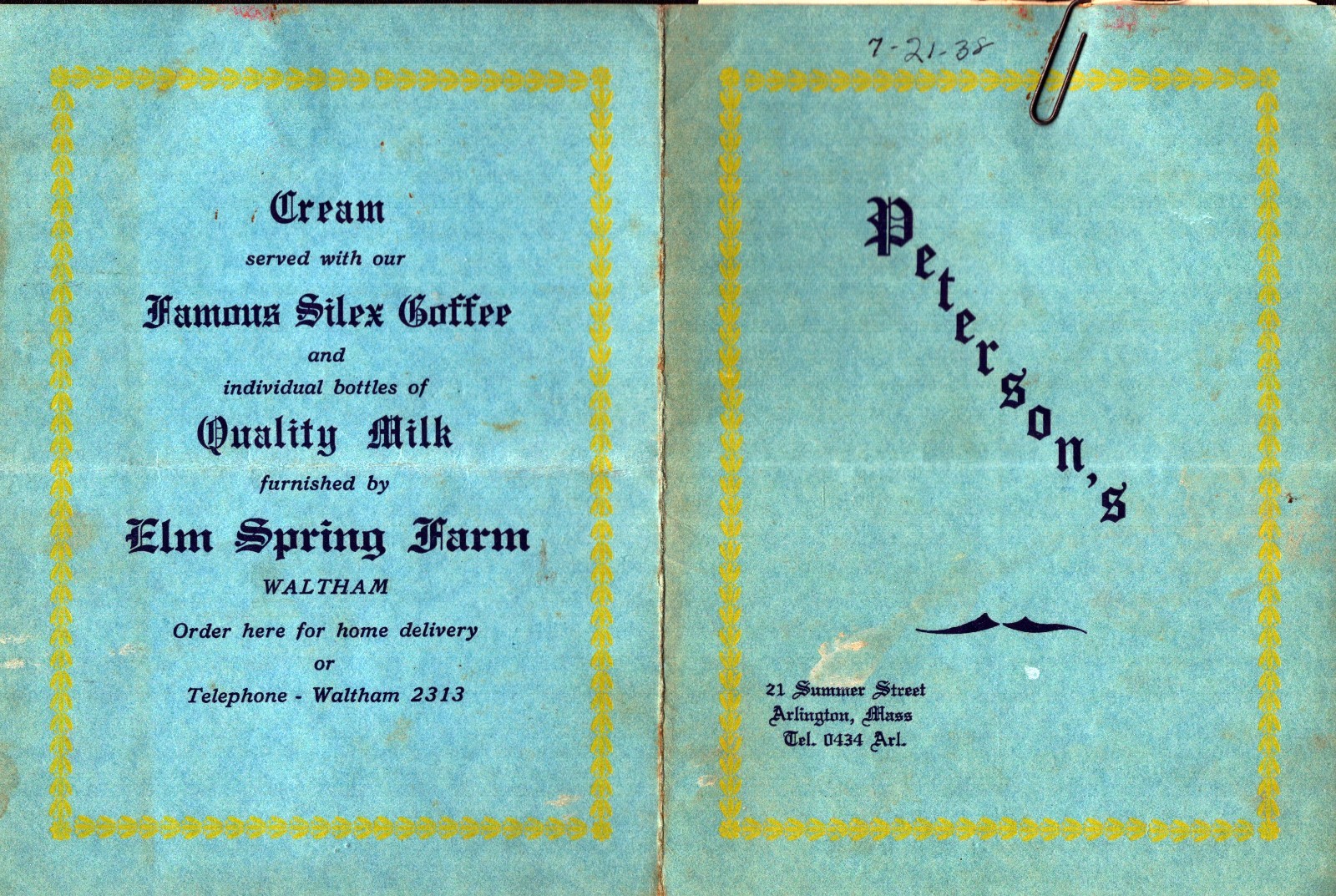 1938  Peterson\'s Restaurant Menu   Arlington  Massachusetts   7\