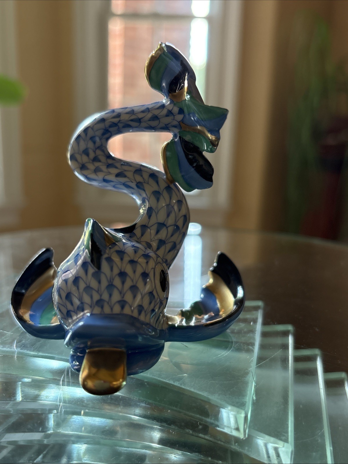 Herend Porcelain Chinese Koi Fish  Figurine Blue Fishnet-3.5”-MINT Condition