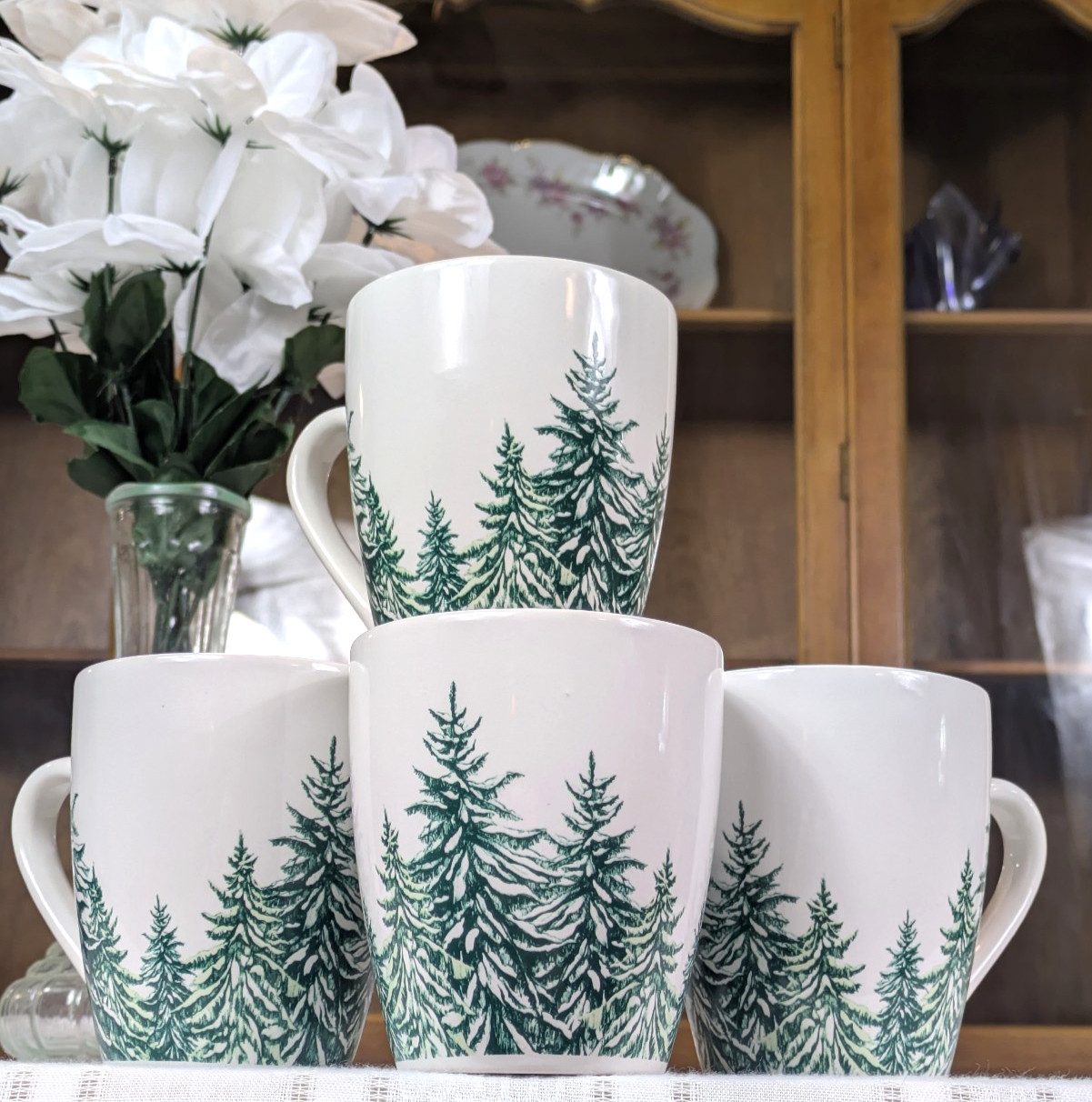 Set of 4 Royal Norfolk Seasonal Pine Tree Mugs New Winter Green Trees Evergreen